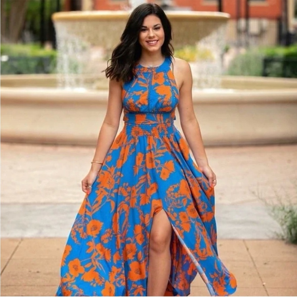 Anthropologie Abel The Label (ATL) Charlie the Halter Maxi Dress Blue Orange, S